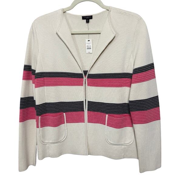 Talbots Petites Striped Cardigan Size MP Ivory Pink Hook & Eye Close Pockets NEW - Picture 1 of 8